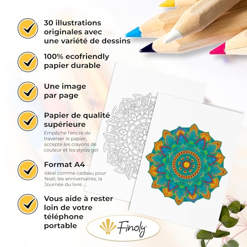 Finoly Mandalas à Colorier pour Adultes - Livre Anti-Stress Zen Vol 1 - 30 Illustrations Originales A4 Reliure Spirale
