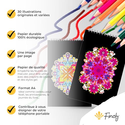 Mandala Adulte Anti Stress par Finoly : Cahier de Coloriage A4 avec Reliure Spirale, Papier Premium, Idéal pour la Détente