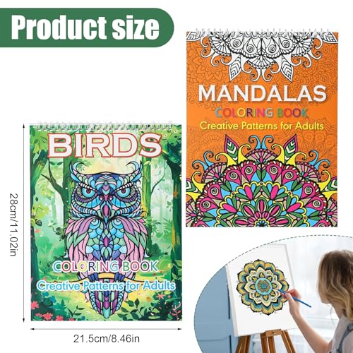 Lot de 2 Livres de Coloriage Anti-Stress pour Adultes : Mandalas Hiboux et Nature, Spirales, 40 Motifs