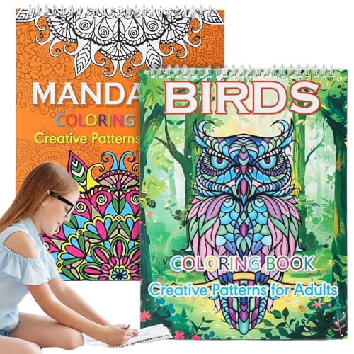 Lot de 2 Livres de Coloriage Anti-Stress pour Adultes : Mandalas Hiboux et Nature, Spirales, 40 Motifs