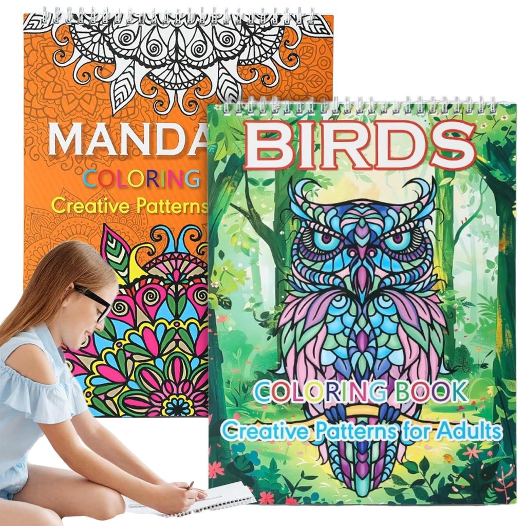 Lot de 2 Livres de Coloriage Anti-Stress pour Adultes : Mandalas Hiboux et Nature, Spirales, 40 Motifs