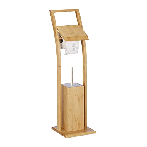 Relaxdays Ensemble WC Bambou et Acier Inoxydable : Brosse WC et Porte-Papier Autonome