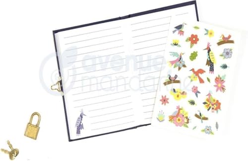 MY MANDARINE CO205C - Journal Intime 240 Pages Lignées 11x14 cm avec Cadenas - Motif Oiseaux et Fleurs
