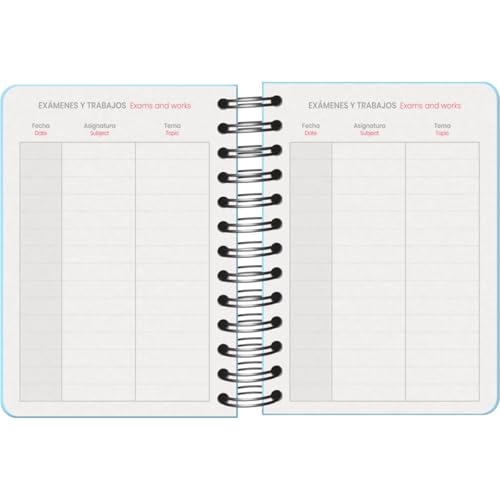 Agenda Scolaire 2025-2026 A6 "Serenity Bleu" - Un Jour par Page, Bilingue Espagnol/Anglais, Spirale, Élastique, Couverture Rigide, Autocollants Inclus
