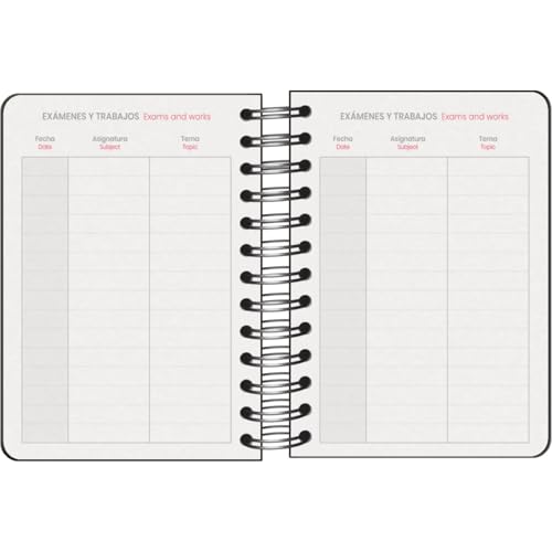 Agenda Scolaire 2025-2026 A6 (12x17 cm) - Page par Jour, Bilingue Espagnol/Anglais, Spirale, Élastique, Couverture Rigide, Autocollants - COLOUR VIBES Noir