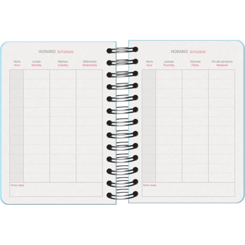 Agenda Scolaire 2025-2026 A6 "Serenity Bleu" - Un Jour par Page, Bilingue Espagnol/Anglais, Spirale, Élastique, Couverture Rigide, Autocollants Inclus