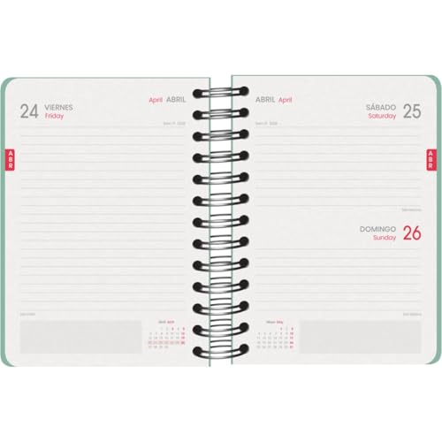 Agenda Scolaire 2025-2026 A6 (12x17 cm) - Page par Jour, Bilingue Espagnol/Anglais, Spirale, Élastique, Autocollants - GRAMMAR Vert
