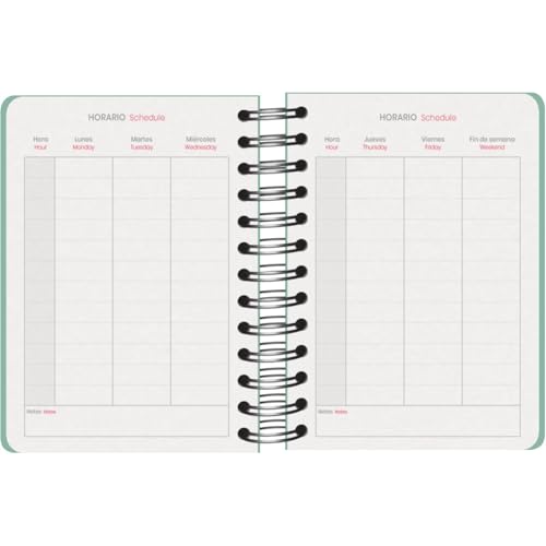 Agenda Scolaire 2025-2026 A6 (12x17 cm) - Page par Jour, Bilingue Espagnol/Anglais, Spirale, Élastique, Autocollants - GRAMMAR Vert