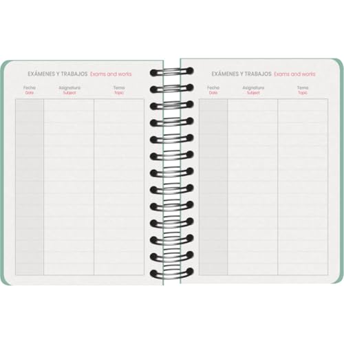 Agenda Scolaire 2025-2026 A6 (12x17 cm) - Page par Jour, Bilingue Espagnol/Anglais, Spirale, Élastique, Autocollants - GRAMMAR Vert