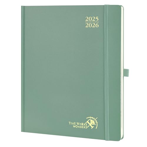 POPRUN Agenda 2025-2026 Semainier Vertical 26.5 x 21.5 cm, 17 Mois, Couverture Rigide, Vert Minuit