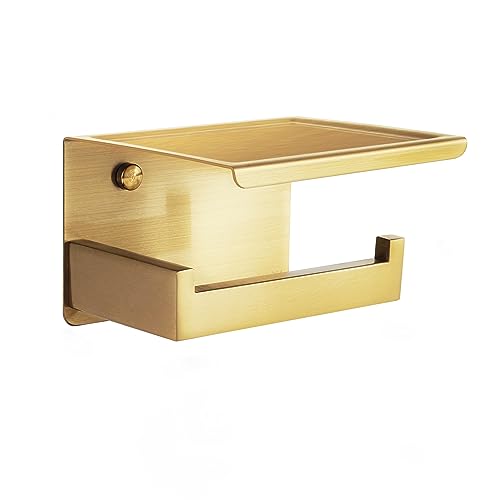 HITSLAM Porte Rouleau Papier Toilette Laiton Brossé avec Tablette - Acier Inoxydable, Auto-adhésif ou à Percer, Design Moderne pour Salle de Bain