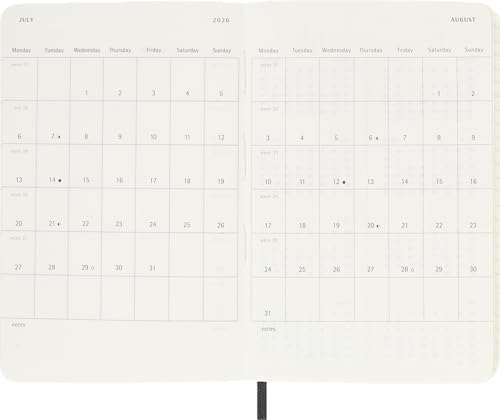 Moleskine Agenda Hebdomadaire 2026, Format Pocket 9x14, Couverture Souple Noire, 12 Mois avec Espace Notes