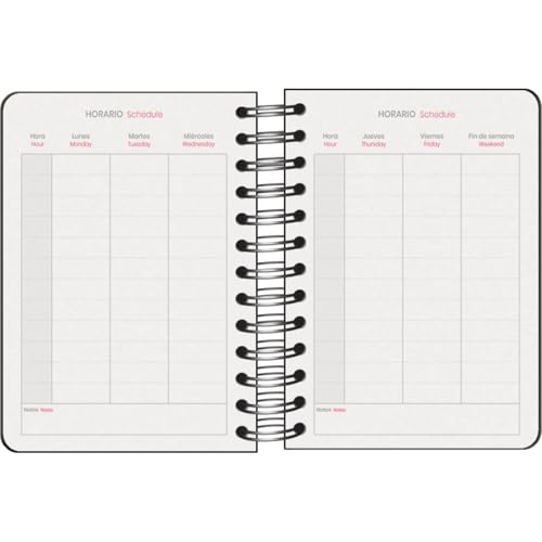 Agenda Scolaire 2025-2026 A6 (12x17 cm) - Page par Jour, Bilingue Espagnol/Anglais, Spirale, Élastique, Couverture Rigide, Autocollants - COLOUR VIBES Noir