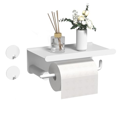 Porte Papier Toilette Mural Auto-Adhésif en Acier Inoxydable avec Étagère - Blanc