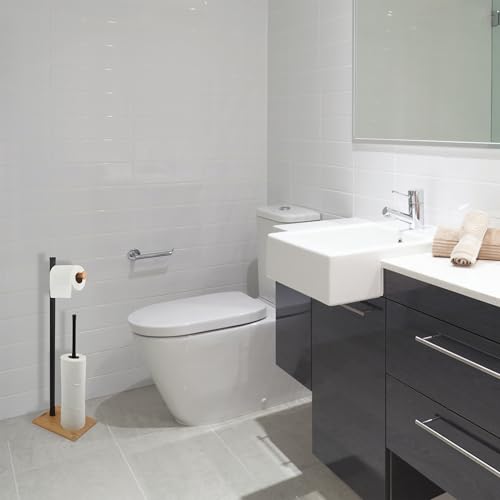 Spirella ALVAR : Porte-Rouleau WC sur Pied Design Acier & Bambou, Rangement 4 Rouleaux, Noir