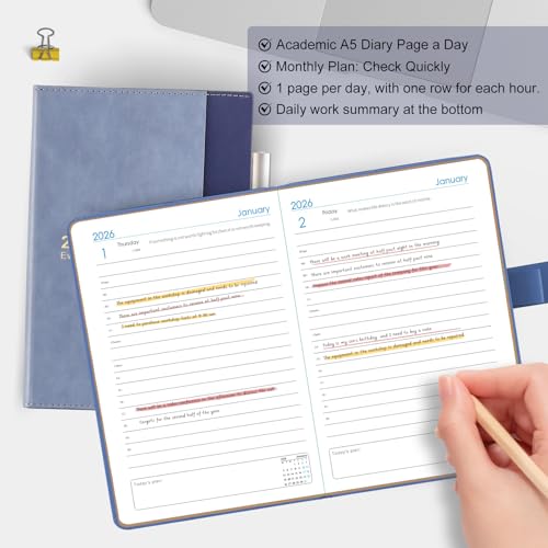 Agenda Scolaire 2026 A5 : Planificateur Journalier Une Page par Jour, Couverture Rigide avec Stylo Inclus