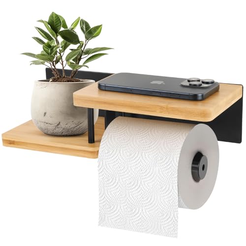 Diealles Shine® Porte-Papier Toilette Mural avec Étagère – Support sans Perçage en Bambou et Acier Inoxydable