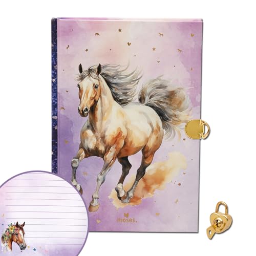 Moses. Chevaux - Journal Intime avec Cadenas Cœur, 192 Pages Lignées, Finition Feuille d'Or, Poche de Rangement, Cadeau Idéal pour Amoureux des Chevaux