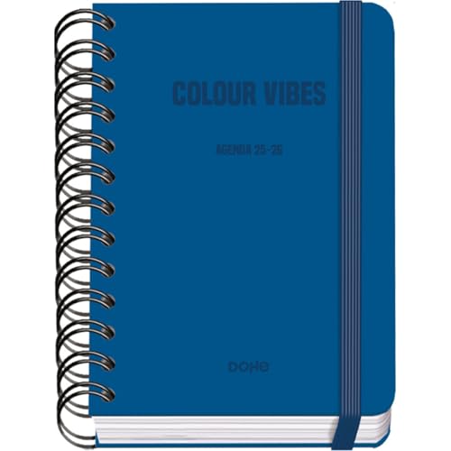 Agenda Scolaire 2025-2026 A6 (12x17 cm) - Page par Jour, Bilingue Espagnol/Anglais, Spirale Double, Élastique, Couverture Rigide, Autocollants - COLOUR VIBES Bleu