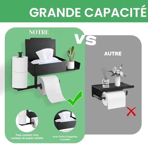 Porte-papier toilette mural avec étagère et boîte à lingettes - Acier inoxydable noir