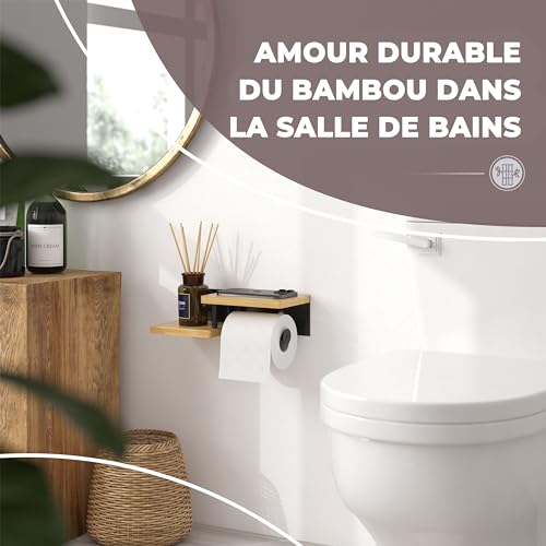 ElbFuchs® Porte Papier Toilette Mural en Bambou - Design Élégant avec Étagère Intégrée - Installation Facile sans Percage - Noir