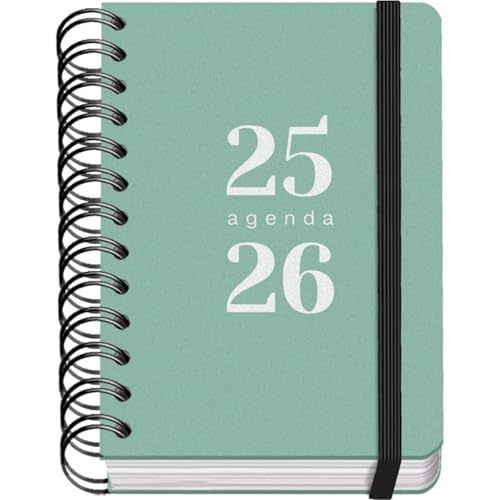 Agenda Scolaire 2025-2026 A6 (12x17 cm) - Page par Jour, Bilingue Espagnol/Anglais, Spirale, Élastique, Autocollants - GRAMMAR Vert