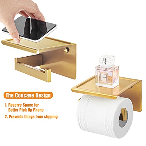 HITSLAM Porte Rouleau Papier Toilette Laiton Brossé avec Tablette - Acier Inoxydable, Auto-adhésif ou à Percer, Design Moderne pour Salle de Bain