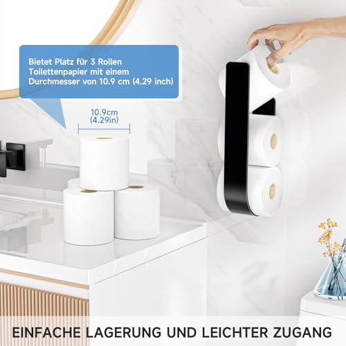 Porte Rouleau Papier Toilette Mural Adhésif Noir - Capacité 3 Rouleaux - Métal Robuste