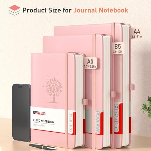Smarpau Carnet de Notes B5 Ligné, Couverture Rigide Cuir, 320 Pages 100g/m², Journal Intime Rose pour Adultes, Travail, Études, Voyages