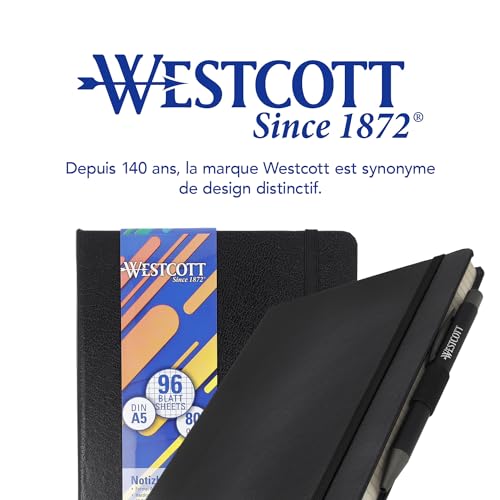 Westcott Carnet de Notes A5 Quadrillé - 192 Pages, Couverture Rigide, Porte-Stylo, Marque-Page