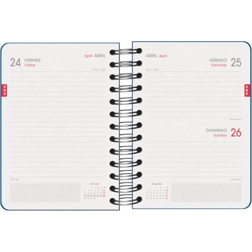 Agenda Scolaire 2025-2026 A6 (12x17 cm) - Page par Jour, Bilingue Espagnol/Anglais, Spirale Double, Élastique, Couverture Rigide, Autocollants - COLOUR VIBES Bleu