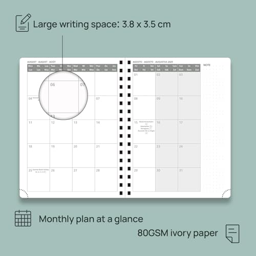POPRUN Agenda Semainier 2025-2026 : Planificateur Vertical 17 Mois (Août 2025 - Décembre 2026) avec Couverture Souple, Spirale, Règle et signet - Format 22 x 16,5 cm, Papier 80g/m², Marron
