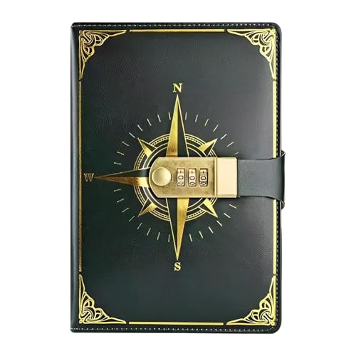 Carnet de Notes Intime en Cuir PU avec Serrure à Combinaison - Modèle Boussole Vert A5