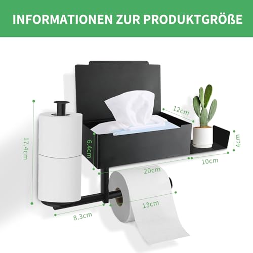 Porte-papier toilette mural avec étagère et boîte à lingettes - Acier inoxydable noir