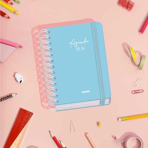 Agenda Scolaire 2025-2026 A6 "Serenity Bleu" - Un Jour par Page, Bilingue Espagnol/Anglais, Spirale, Élastique, Couverture Rigide, Autocollants Inclus