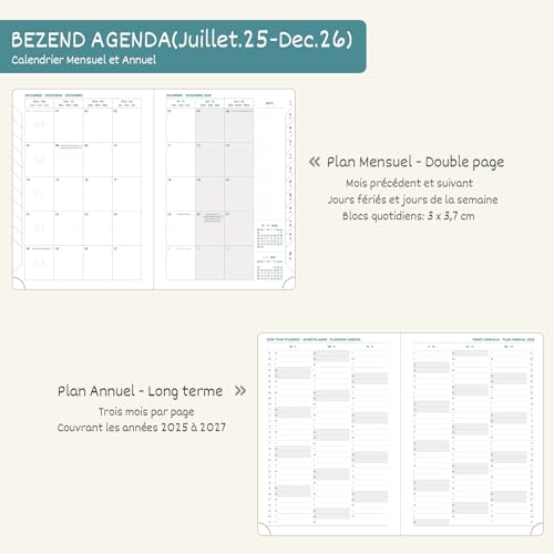 BEZEND Agenda Semainier 2026 A5 - Planificateur Annuel et Mensuel, Couverture Rigide Cuir PU Turquoise