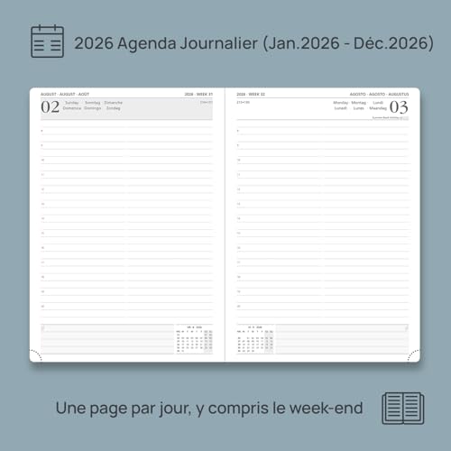 Agenda Journalier A4 POPRUN 2026 - Grand Format, Couverture Rigide, 1 Page par Jour, Vert Pacifique