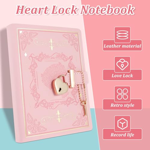 Carnet B6 à Serrure Cœur, 288 Pages Lignées Rechargeable, Journal Fleuri pour Filles et Femmes - Idée Cadeau Rose