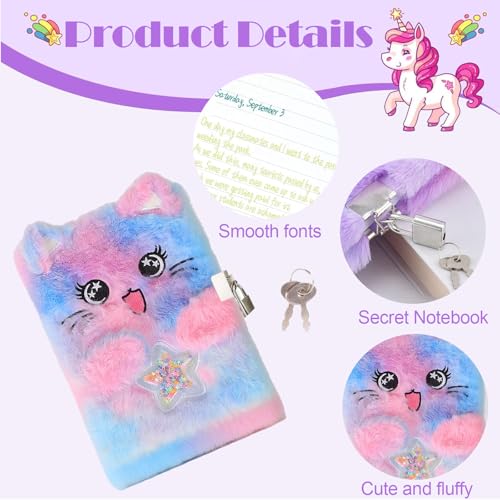 Journal Intime Fille Chat Mignon avec Serrure et Clé - Carnet Secret Peluche Douce 21,5x15,5 cm Rose Bleu - Cadeau Anniversaire Scolaire Voyage
