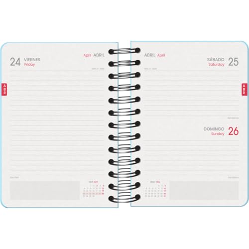 Agenda Scolaire 2025-2026 A6 "Serenity Bleu" - Un Jour par Page, Bilingue Espagnol/Anglais, Spirale, Élastique, Couverture Rigide, Autocollants Inclus