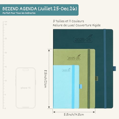 BEZEND Agenda Semainier 2026 A5 - Planificateur Annuel et Mensuel, Couverture Rigide Cuir PU Turquoise