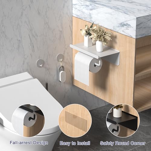 Porte Papier Toilette Mural Auto-Adhésif en Acier Inoxydable avec Étagère - Blanc