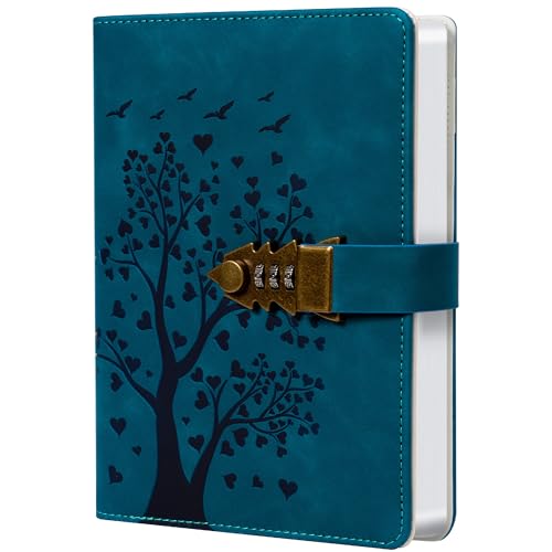 Carnet en cuir PU bleu paon A5 avec serrure à combinaison, 244 pages, idéal pour écrire ou offrir
