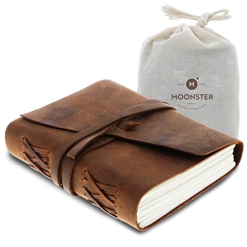 Moonster® Carnet en Cuir Véritable - Journal Intime Fait Main, Bloc Notes Recyclé 20x15cm - Idéal Cahier de Dessin, Voyage et Cadeau Homme/Femme