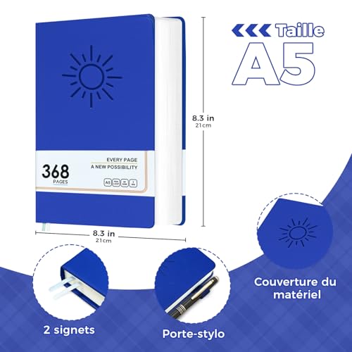 Carnet de Notes A5 Relié - Journal Intime Adulte 368 Pages avec Onglets, Couverture Rigide, Idéal Bureau et École