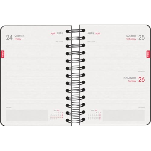 Agenda Scolaire 2025-2026 A6 (12x17 cm) - Page par Jour, Bilingue Espagnol/Anglais, Spirale, Élastique, Couverture Rigide, Autocollants - COLOUR VIBES Noir