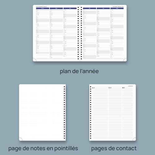 POPRUN Agenda 2025-2026 Semainier A5 - Français, Intervalles 15 min, Août 2025 à Juillet 2026, Couverture Souple Spirale, Papier 100g/m², Vert Pacifique