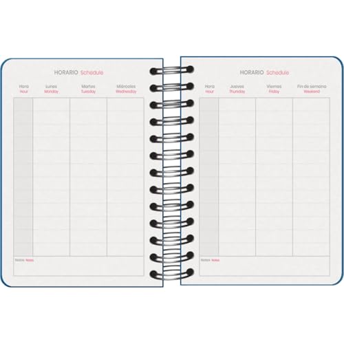 Agenda Scolaire 2025-2026 A6 (12x17 cm) - Page par Jour, Bilingue Espagnol/Anglais, Spirale Double, Élastique, Couverture Rigide, Autocollants - COLOUR VIBES Bleu