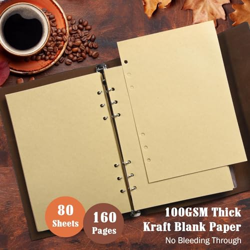 OMEYA Carnet en Cuir Vintage A5 Rechargeable - Journal de Voyage 160 Pages Blanc 100g/m² avec 2 Pochettes PVC