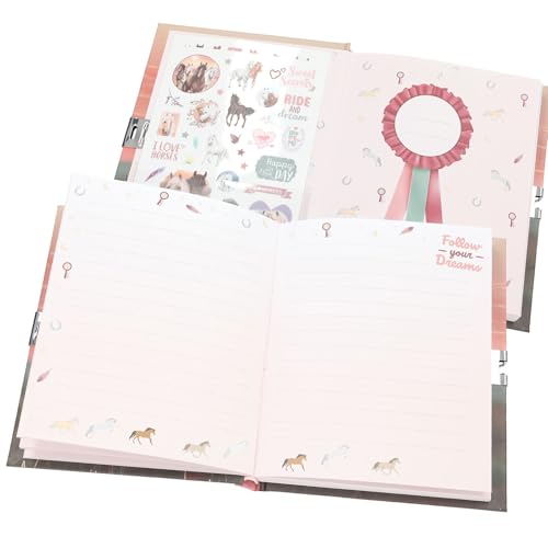 Miss Melody 13889 : Journal Intime Rose avec Cadenas Cœur, Motif Cheval Doré et Autocollants - Le Journal Secret des Jeunes Filles